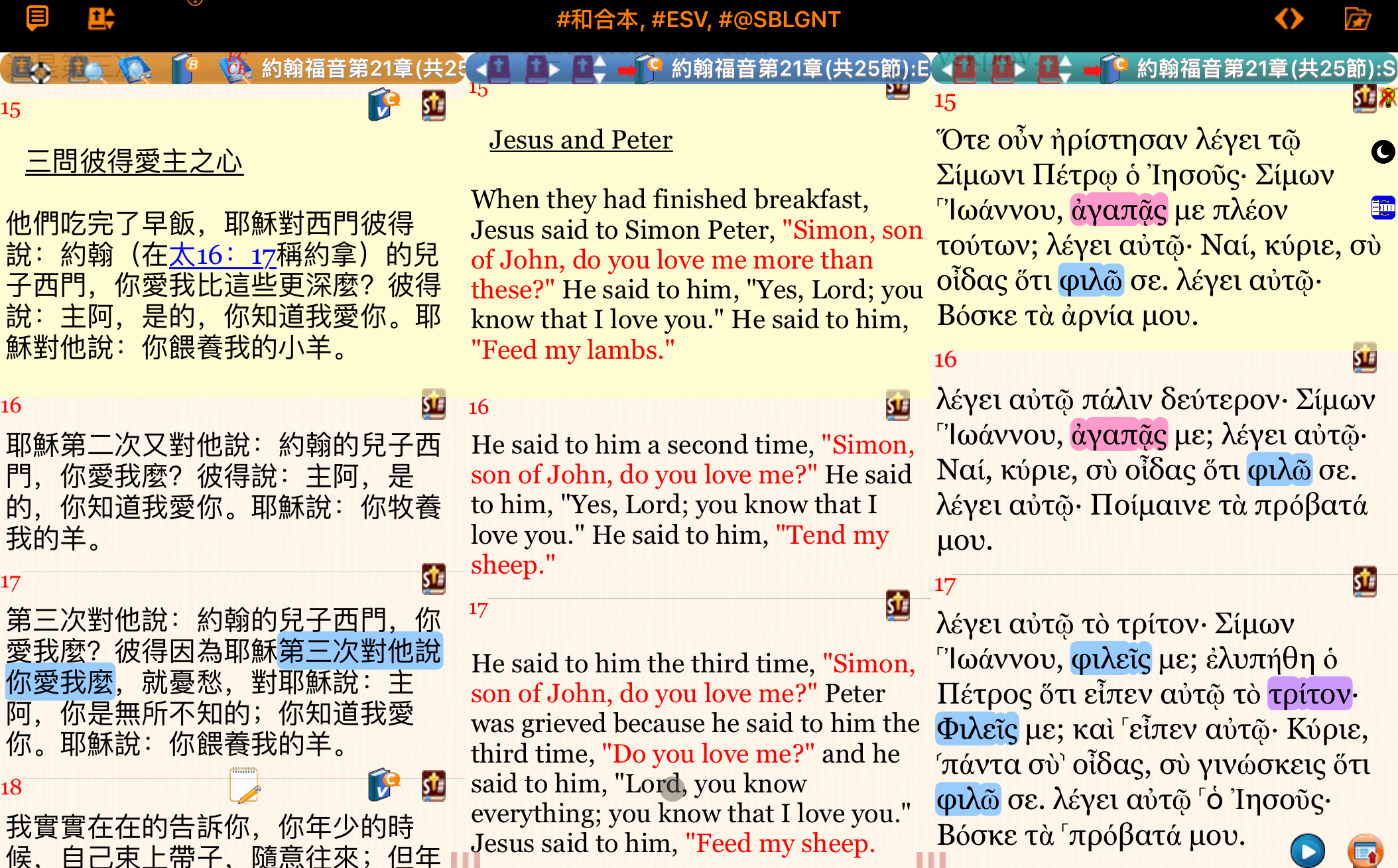 筆者以Handy Bible Chinese Pro列出了和合本，ESV和新約希臘文版本的約21:15-17